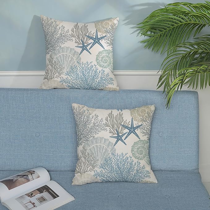 Nautical Coastal Pillow Covers 20x20 Set of 2 Blue Beach Themed Ocean Seashell Coral Starfish Throw Pillows Summer Outdoor Decorative Pillow Cases Linen Cushion Case for Home Bedroom Decor