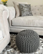 NOORI Rug Home - 100% Handmade & Handcrafted Premium Cotton Round Knitted Cable Style Pouf Foot Stool Ottoman Bean Bag Chair - Small Furniture - Sage, 17x17x14 (S119)