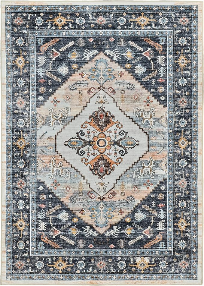 8x10 Area Rugs for Living Room, Washable Rugs with Non-Slip Backing, Super Soft Thin Large Rug for Nursery Room, Dining Room, Office, Vintage Neutral Area Rug (Navy/Pink, 8'x10')