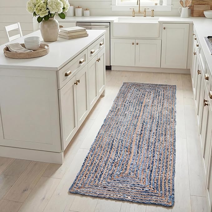 SAFAVIEH Cape Cod Collection Runner Rug - 2'3" x 8', Blue & Natural Brown, Handmade Jute & Cotton, Woven Braided Design (CAP202M)