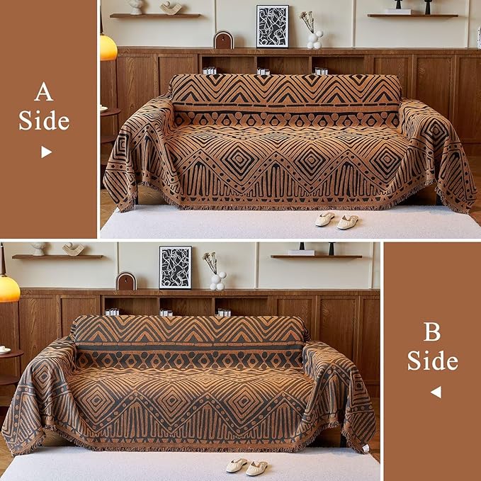 VClife Boho Couch Covers Washable Sofa Cover for Sofa, Luxury Sectional Couch Cover Chenille for 3 Cushion Couch, Anti Slip Pet Sofa Slipcover Dog Couch Cover Throw, Black Pumpkin Geometry, 71"x150"