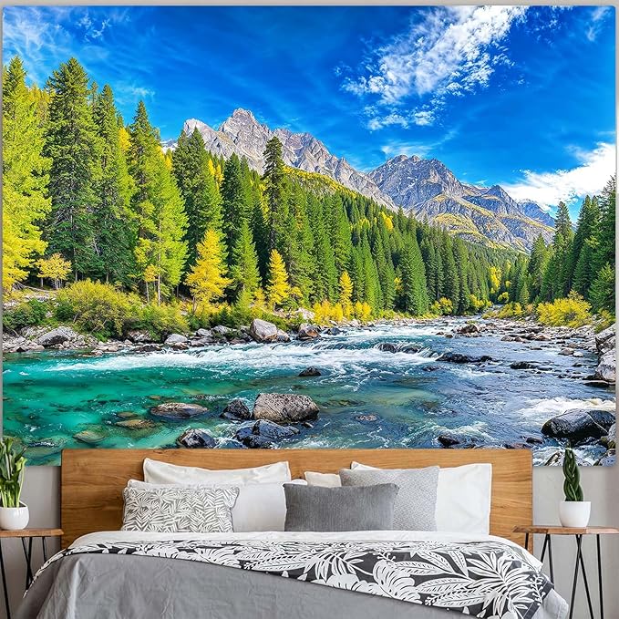 Accnicc Nature Forest Mountain Tapestry Green Pine Tree Wall Tapestry for Bedroom Aesthetic Woods Flowing River Landscape Large Tapestries Wall Hanging for Dorm Living Room Decor 80 x 60 Inch