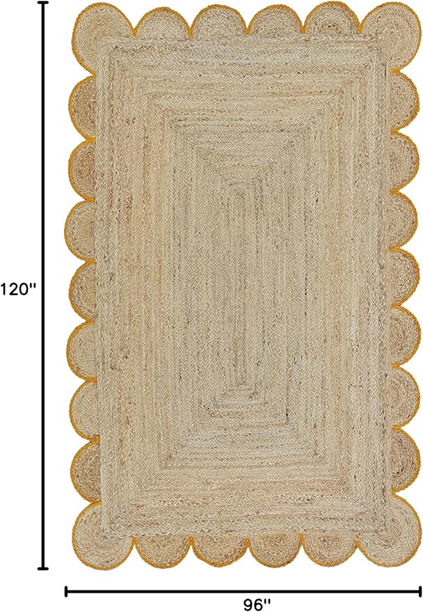 Scalloped Natural Jute Area Rug, Yellow Trim, 8'x10'