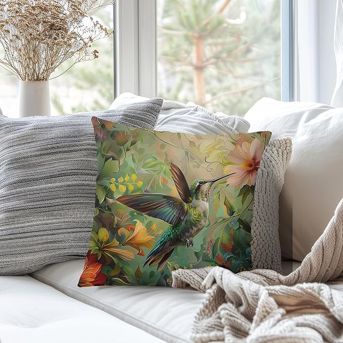 Vintage William Morris Hummingbird Pillow Cover 18x18,Rustic Green Hummingbird Bird Animal Floral Botanical Print Decorative Throw Pillow Covers for Home Bedroom Living Room