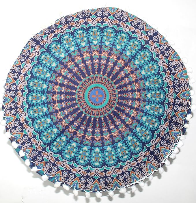 INDIAN CRAFT CASTLE ICC Mandala Barmeri Large Floor Pillow Cover Cushion Meditation Seating Ottoman Throw Cover Hippie Decorative Zipped Bohemian Pouf Ottoman Cases Blue Peacock 18" Round