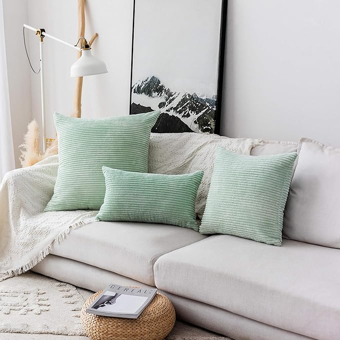 Home Brilliant Spring Pillow Covers Green 20x20 Super Soft Striped Velvet Throw Pillows for Couch Living Room Decor, Set of 2, 20 x 20 Inch, Mint