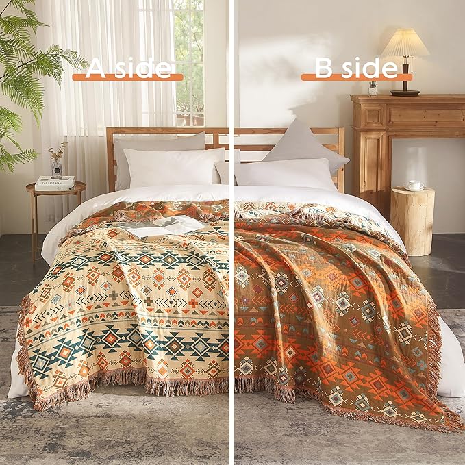 Boho Throw Blanket for Bed 90”x98”, 100% Cotton Woven Blanket for Couch Sofa, Ultra Soft 4-Layer Muslin Quilt with Diamond Pattern, Farmhouse Bed Blanket/Cover for Living Room Decor