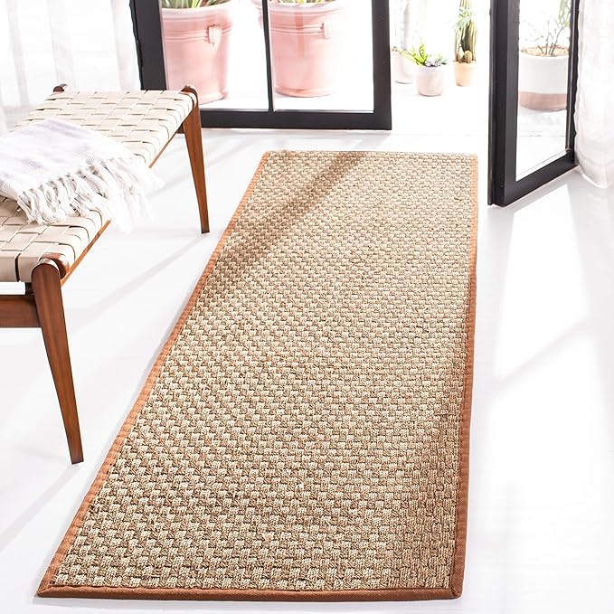 SAFAVIEH Natural Fiber Collection Runner Rug - 2'6" x 20', Natural & Brown, Seagrass, Basketweave Pattern with Border (NF114B)
