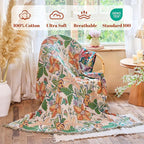 MSGKV Boho Throw Blanket for Couch Chair 100% Cotton Embroidery Floral Blanket 50"x60" Sofa Blankets for All Seasons Lightweight Farmhouse Muslin Spring Breathable Bed Blankets Home Decor