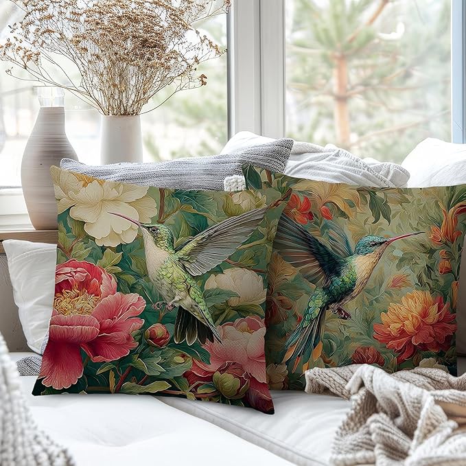Vintage William Morris Hummingbird Pillow Cover 18x18 Set of 2,Rustic Green Hummingbird Bird Animal Floral Botanical Print Decorative Throw Pillow Covers for Home Bedroom Living Room