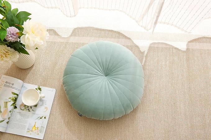 Floor Pillow Meditation Cushion Round Large Floor Pillows Seating for Adults, Velvet Thick Floor Cushions for Yoga Living Room Balcony Outdoor Tatami 18inches（Green）