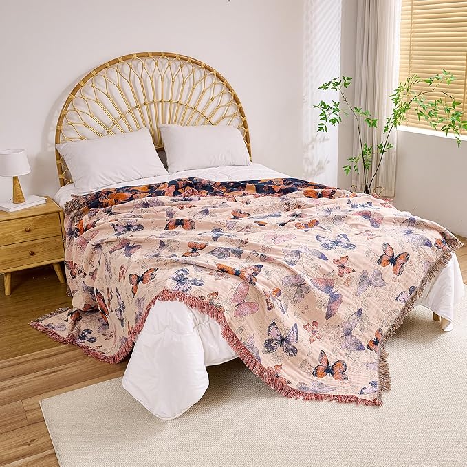 Boho Throw Blanket, 100% Organic Cotton Breathable Ultra Soft 50" x 60" Bed Quilt Throw - All Season Floral Rustic Farmhouse Decor Luxury Reversible Blanket for Sofa Couch Chair and Gift