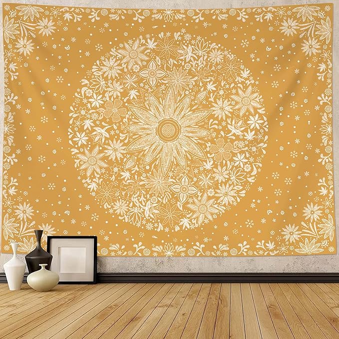 Neasow Bohemian Tapestry Wall Hanging, Orange Floral Tapestry with Dotted Daisy Medallion Print Bedroom Boho Hippie Home Decor, 50x60 inches