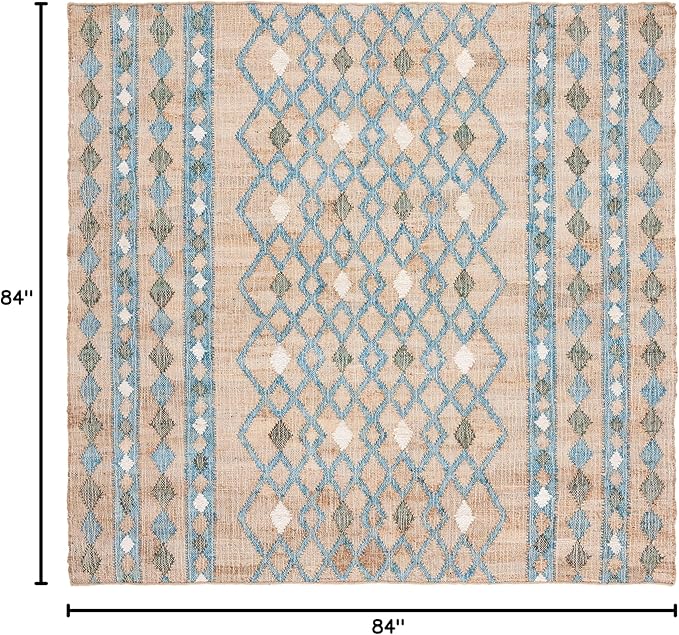 SAFAVIEH Kilim Collection Area Rug - 7' Square, Natural & Blue, Flat Weave Jute Design, Ideal for High Traffic Areas in Living Room, Bedroom (KLM759M)