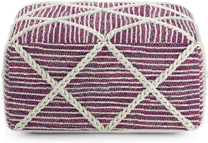 SIMPLIHOME Cowan Contemporary Square Pouf in Magenta and Natural Handloom Woven for the Living Room, Bedroom and Kids Room