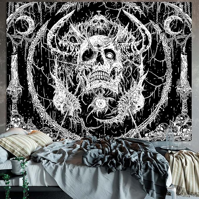 Lifeella Skull Tapestry, Gothic Horror Moon Skeleton Mystic Dark Tapestries for Bedroom Grunge Wall Hanging Black and White 44 x 60 inch