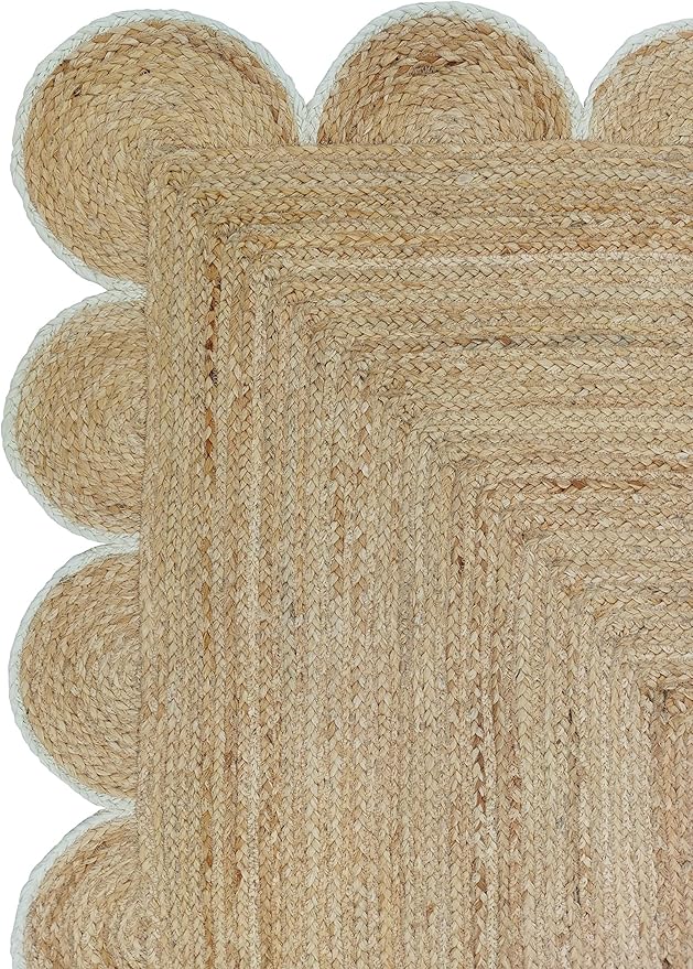 Scalloped Natural Jute Area Rug, Off White Trim, 9'x12'