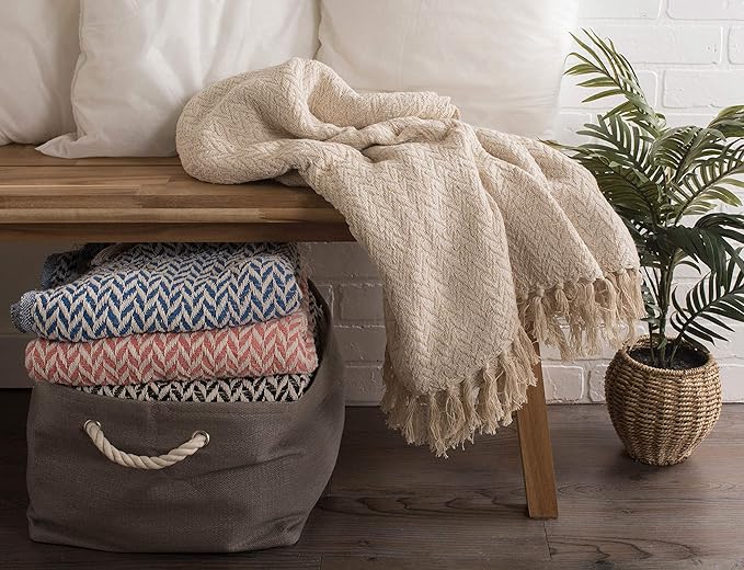 DII Modern Zig Zag Throw Blanket Woven Cotton, Hand-Knotted 2.5" Fringe, 50x60, Black