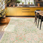 Vintage Washable Beige Green 10x12 Rug for Living Room - Extra Large Area Rug for Dining Room Under Table, Soft Low Pile Carpet for Bedroom - Botanical Forest Floral Design