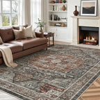 6x9 Rug, Stain Resistant Washable Area Rugs with Anti-Slip Backing, Vintage Large Bedroom, Living Room Rugs, Foldable Soft Rug (Grey/Brown/Tan, 6'x9')