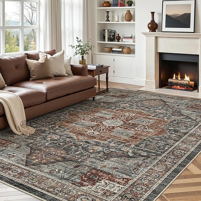 6x9 Rug, Stain Resistant Washable Area Rugs with Anti-Slip Backing, Vintage Large Bedroom, Living Room Rugs, Foldable Soft Rug (Grey/Brown/Tan, 6'x9')