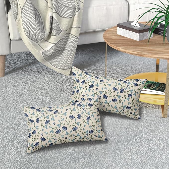 Green Teal Navy Blue Floral Pillow Covers 12x20 Set of 2 Vintage Rustic Old Style Cute Small Flower Print Rectangle Decorative Outdoor Pillowcases Throw Cushion Case Decor for Couch Sofa Bed