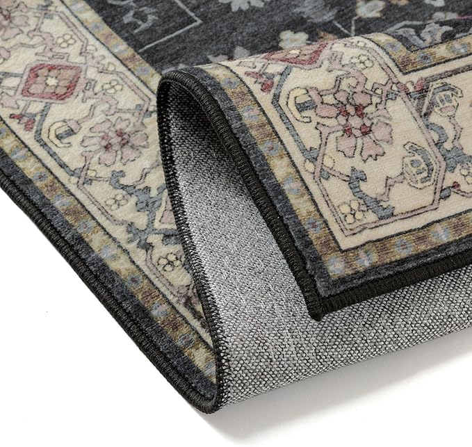 Black 8x10 Area Rug Washable Vintage Carpet Living Room Large Indoor Bedroom Non Slip Low Pile Thin Soft Stain Resistant Accent Throw Rug Dining Office Kitchen Table Rug for Under Table