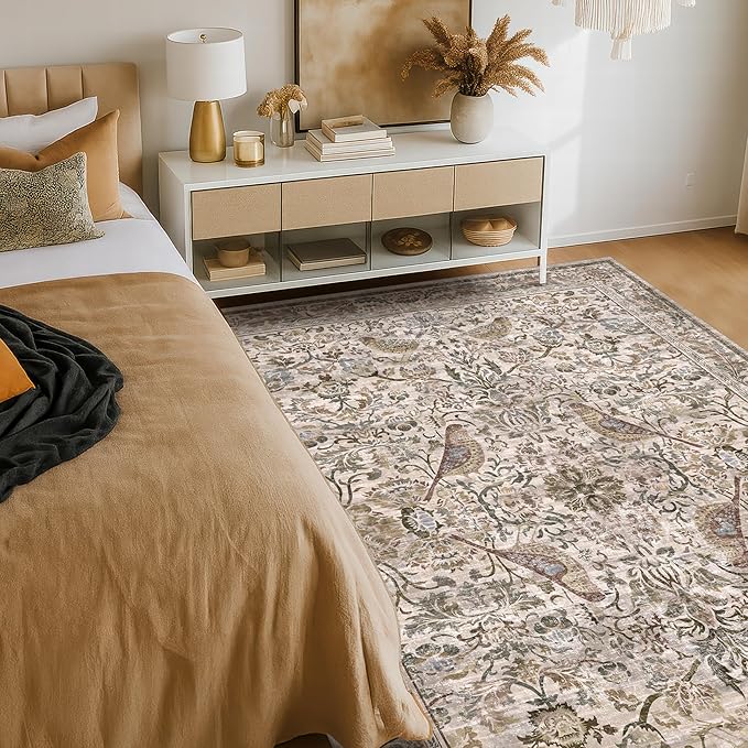 Vintage Washable 4x6 Area Rug for Bedroom Beside, Entryway, Mudroom, Kitchen, Living Room, Low Pile Non Slip, Oriental Stain Resistant Carpet with Moss Green Bird Pattern