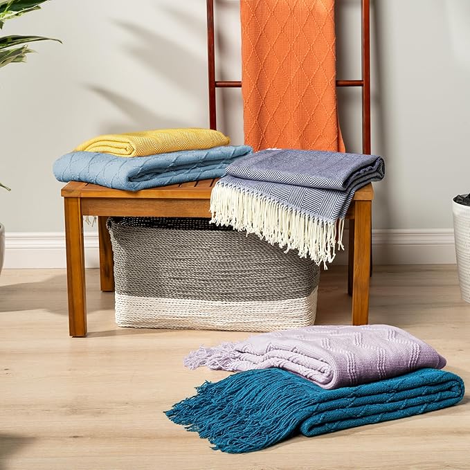PAVILIA Dusty Blue Knit Throw Blanket for Couch Bed, Soft Knitted Farmhouse Sofa Throw for Living Room, Lightweight Decorative Summer Throw Blanket for Chair, Outdoor Textured Boho Blanket, 50x60