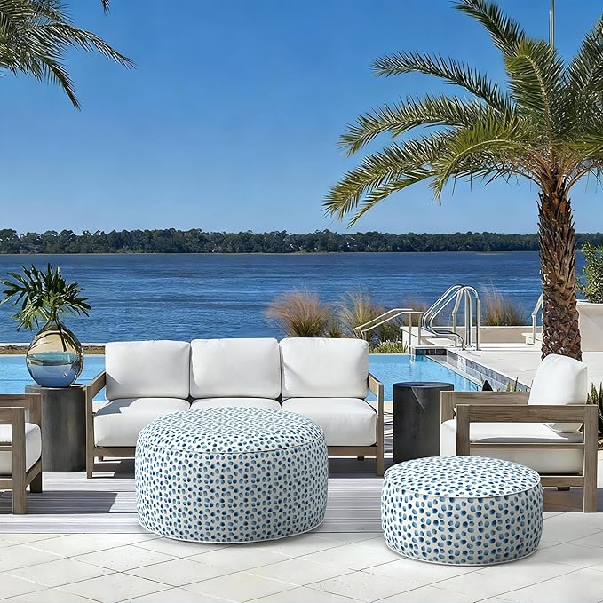 LVTXIII Indoor/Outdoor Extra Large Inflatable Ottoman Pouf D31 x H14 Inch, Round Footstool with Handle, Weather-Resistant Portable Furniture for Patio, Camping, Beach, Brush Blue