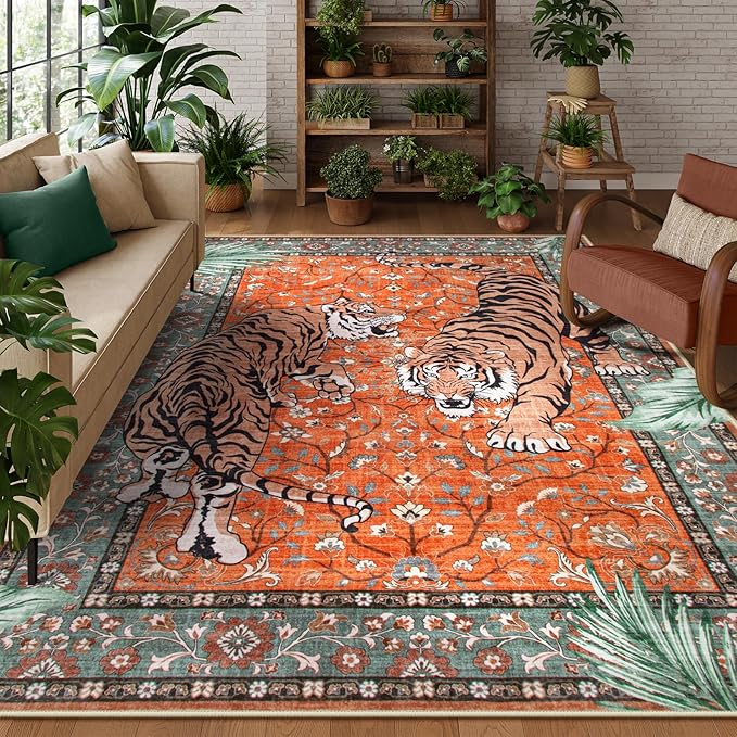 Moynesa Tiger Washable Rugs, 8x10 Area Rugs for Living Room, Soft Large Vintage 8x10 Bedroom Rug, Botanical Non Slip Ultra Thin Floor Carpet for Dining Room Home Office, Rust
