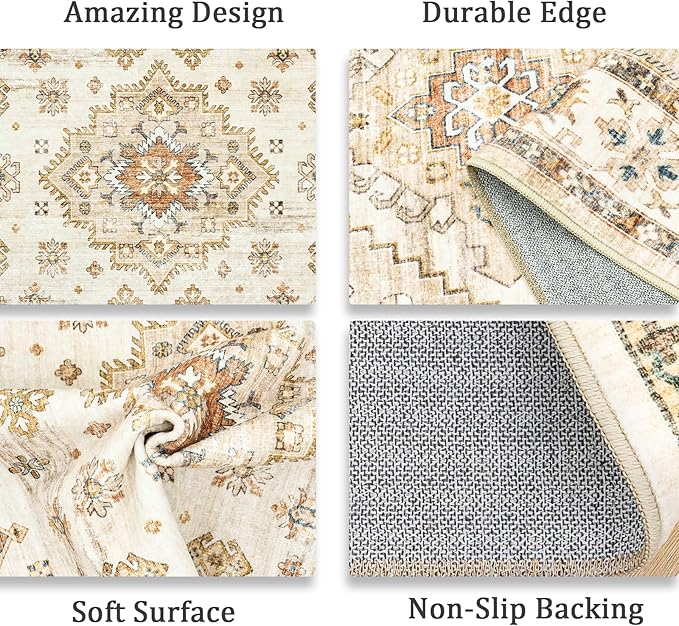 Washable Rugs 8x10, Ultra-Thin Non-Slip 8x10 Area Rugs for Living Room, Soft Vintage Large Area Rug, Foldable Farmhouse Bedroom, Dining Room Rug (Light Brown/Beige, 8'x10')