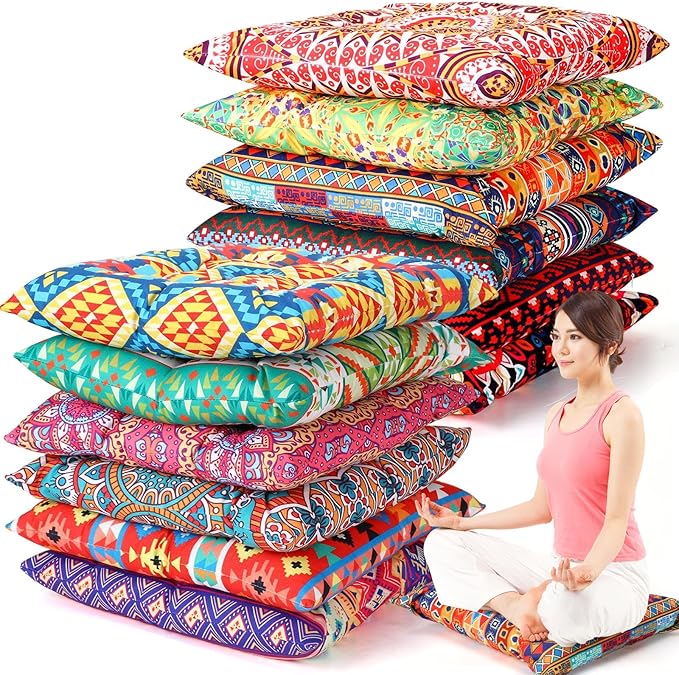 Nuogo 12 Pcs Bohemian Floor Cushions Bulk 15 Inch Boho Floor Sitting Meditation Pillows Yoga Mandala Meditation Pouf for Living Room Balcony Office Tatami(Square)