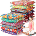 Nuogo 12 Pcs Bohemian Floor Cushions Bulk 15 Inch Boho Floor Sitting Meditation Pillows Yoga Mandala Meditation Pouf for Living Room Balcony Office Tatami(Square)