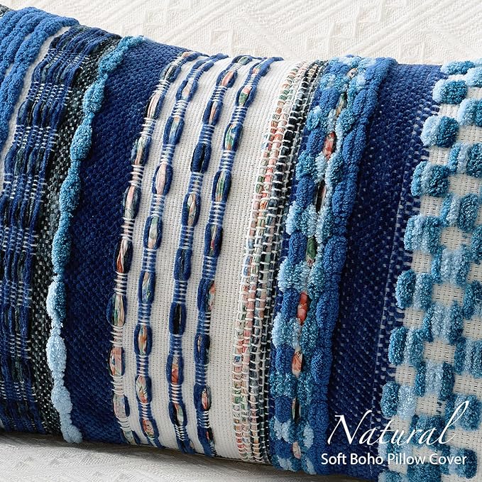 Kevin Textile Spring 12x20 Inch Lumbar Throw Pillow Cover 1 Pack Boho Decorative Soft Chenille Thread Woven Tufted Textured Rectangle Cushion Case Farmhouse Accent for Living Room Couch Sofa Bed, Blue
