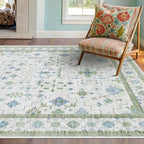 Oushak Area Rug for Bedroom 5x7 - Blue and Green Vintage Boho Floral Geometric, Washable Low Pile Non Slip Area Rugs for Nursery Room, Foyer, Cozy Aesthetic Room Decor