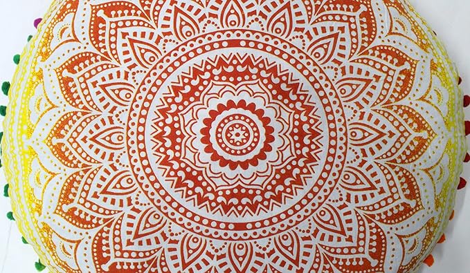 CRAFT KALA Boho Large Floor Pillow Pouf Cover Mandala Meditation Room Pillow Cover for Adults Round Bohemian Seating Pouf Cushion Cover for Kids Playroom 22" Yellow Orange Ombre