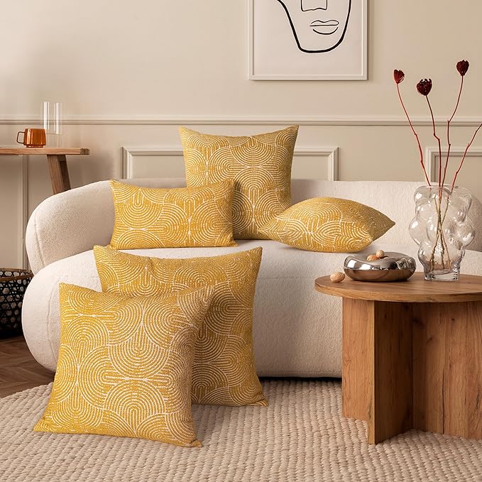 AELS Boho Decorative Textured Throw Pillow Covers 22x22, Organic Modern Mid Century Rainbow Tufted Pillow Case, Farmhouse Rustic Geometric Woven Cushion Case for Bed Couch Sofa, Mustard Yellow