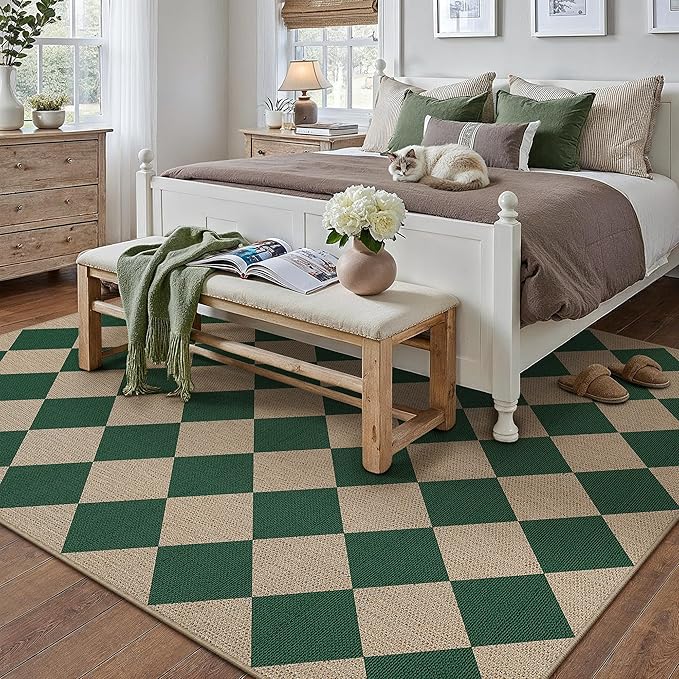 8x10 Checkered Easy Jute Area Rug for Living Room Large Checkerboard Washable Indoor Outdoor Carpet Farmhouse Patio Office Mat Geometric Non Slip Green Carpet for Backyard Dining Room