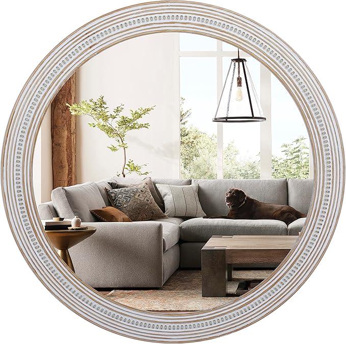 30 Inches Wooden Round Mirrors for Wall Decor, Rustic Farmhouse Decorative Circle Mirror for Bathroom Over Sink, Living Room, Foyer, Entryway