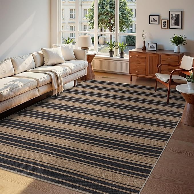 Striped Easy Jute Rug 8x10 Outdoor Rug Large Washable Rugs for Living Room Patio Non Slip Neutral Farmhouse Indoor Outdoor Carpet for Backyard Patio Office
