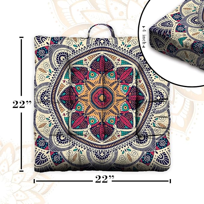 Mandala Meditation Cushion, Boho Meditation Mat, Meditation Pillows For Sitting on Floor, Cushions for Sitting in Home and Outdoor, Square Floor Pillow Cushion Seating for Yoga Accessories 22'' x 22''