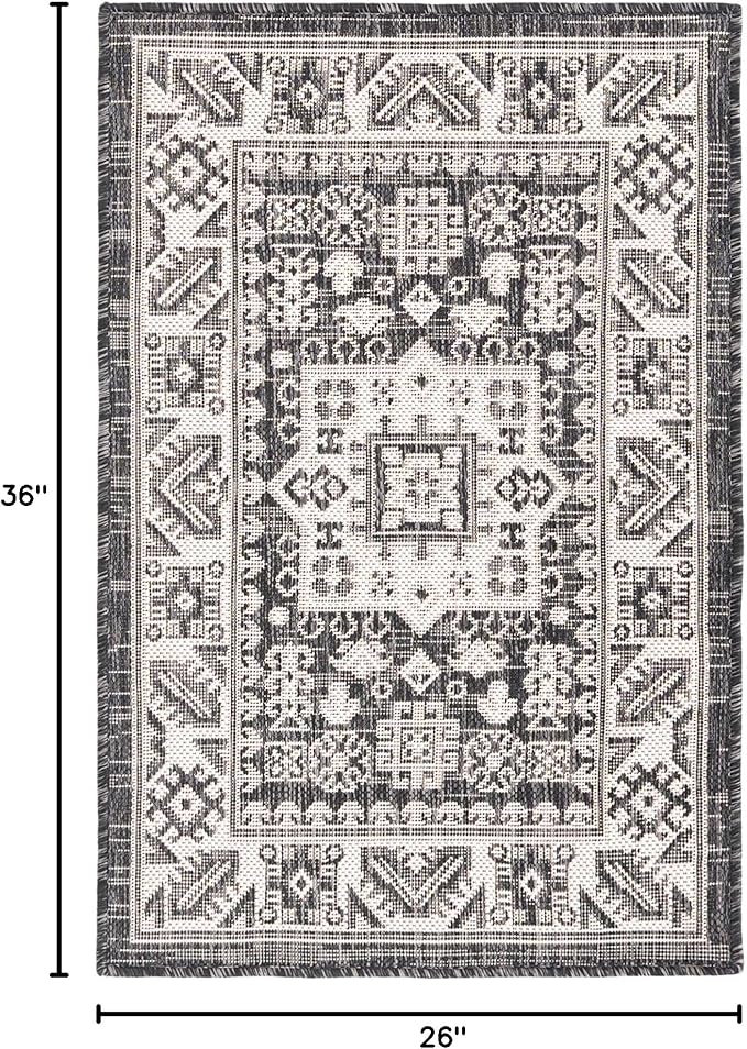 Rugs.com Outdoor Aztec Collection Rug – 2' x 3' Charcoal Gray Flatweave Rug Perfect for Living Rooms, Large Dining Rooms, Open Floorplans