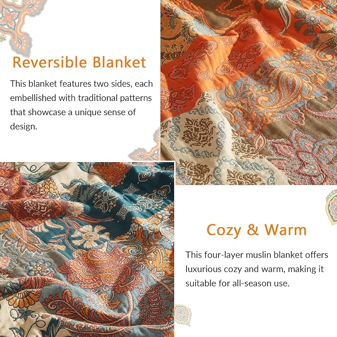 Boho Throw Blanket for Couch Sofa Bed, 100% Cotton Woven Quilt with Tassel 90”x98”, Super Soft Muslin Blanket with Floral Printed, Decorative Reversible Bed Blanket/Cover for All Seasons