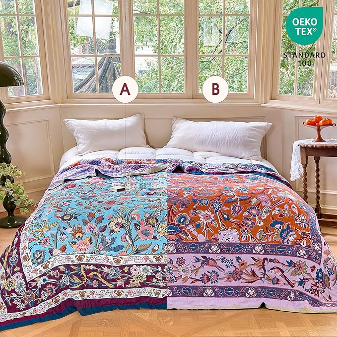 Boho Throw Blanket - 100% Cotton Ultra Soft Muslin Blanket, 60"x80" Lightweight Framhouse Bedding Spring Blanket for Bed, All Season Blue and Purple Floral Bohemian Bedroom Home Decor Quilt
