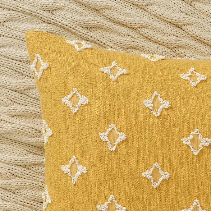 ANRODUO Pack of 2 Yellow Floral Boho Decorative Throw Pillow Covers with Tufted Rhombic Jacquard for Fall Room Decor Boho Pillow Covers Decorations 18x18 Soft Pillowcase for Couch Sofa Living Room