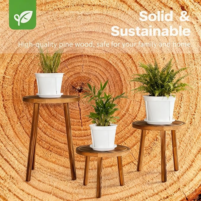 3 PCS Wood Plant Stands Indoor, Three Sizes of Plant Stands Suitable for 6-15 Inch Pots, Single Plant Holder and Wood Stool, Mid-century Modern Plant Pot Stand, Tall and Short Flower Pot Stand