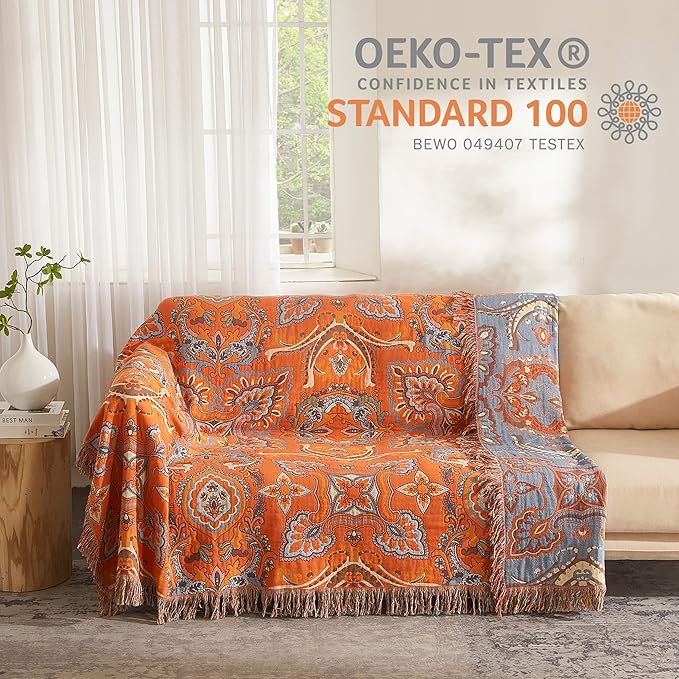 Boho Throw Blanket for Bed 60”x80”, 100% Cotton Woven Blanket for Couch Sofa, Ultra Soft 4-Layer Muslin Quilt with Vintage Floral Printed, Farmhouse Bed Blanket/Cover for Living Room Decor