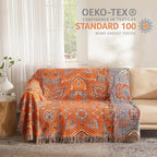Boho Throw Blanket for Bed 90”x98”, 100% Cotton Woven Blanket for Couch Sofa, Ultra Soft 4-Layer Muslin Quilt with Floral Printed, Farmhouse Bed Blanket/Cover for Living Room Decor