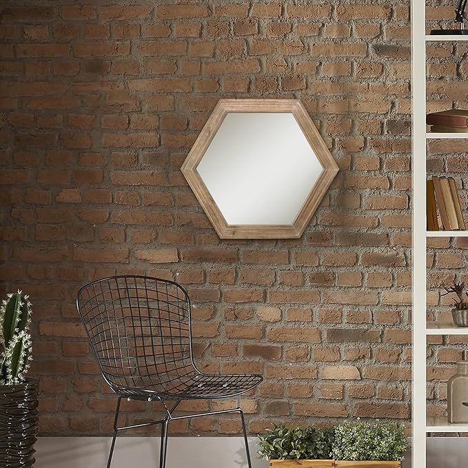 Stonebriar Decorative 24" Hexagon Hanging Wall Mirror with Natural Wood Frame and Attached Hanging Bracket, Rustic Farmhouse Decor for the Living Room, Bathroom, Bedroom, and Entryway Brown